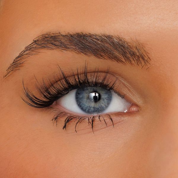 Close-up of a blue-gray eye with long, dark, curled eyelashes and a neatly shaped dark brown eyebrow on warm-toned skin.