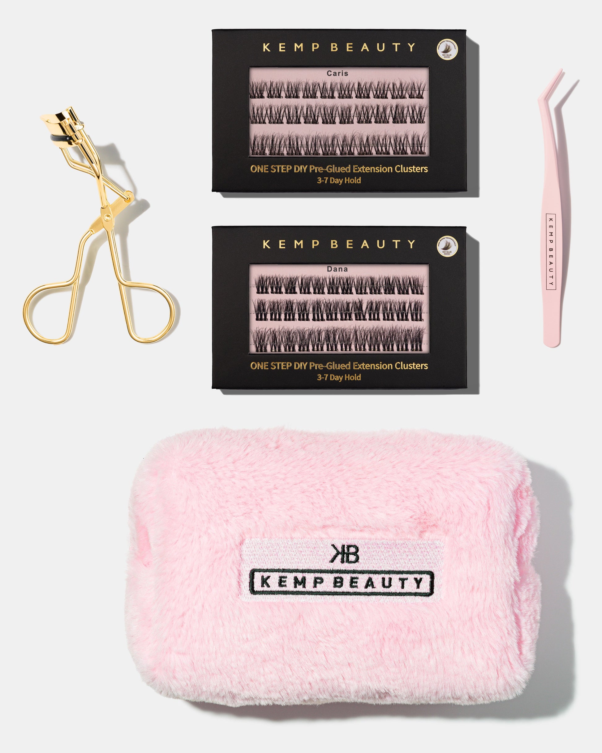 Kemp Beauty Performance Kit contents: two boxes of pre-glued lash clusters, eyelash curler, applicator tool, and travel bag