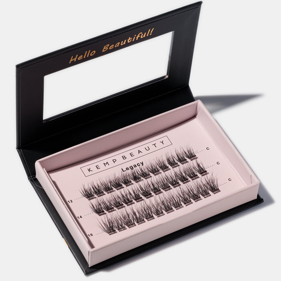 Kemp Beauty false eyelashes in a pink case with 'Hello Beautiful!' text on a white background